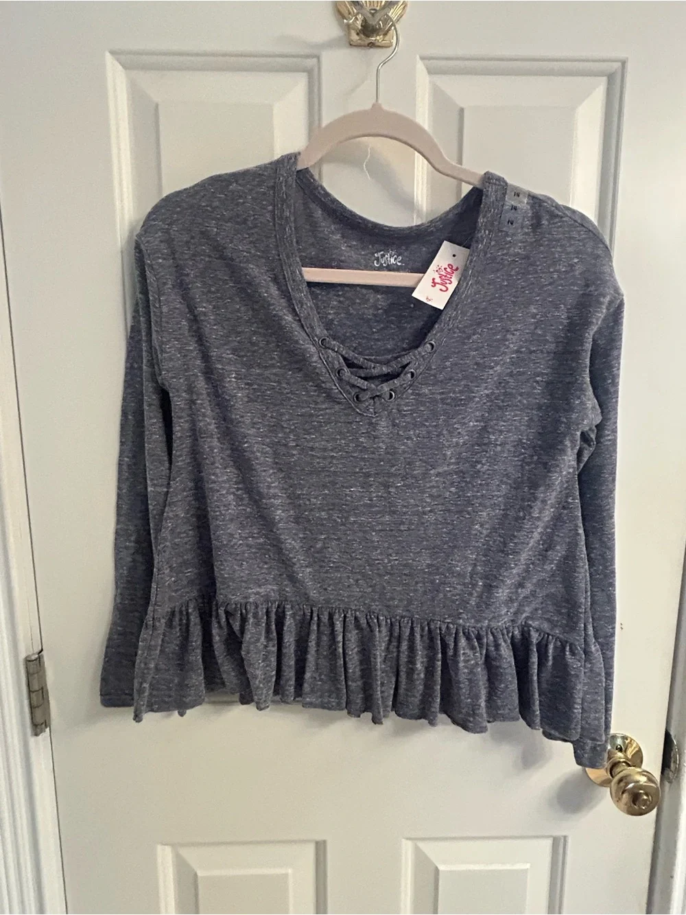 NWT-Justice Bluish/Gray Lace-Up Ruffle Hem Long Sleeve Top